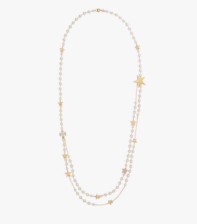 Tory Burch designer colliers Collier long de perles Moondance dans Tory Gold / Cream / Crystal de face