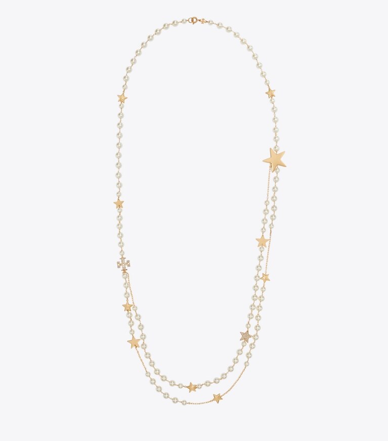 Tory Burch designer colliers Collier long de perles Moondance dans Tory Gold / Cream / Crystal de face