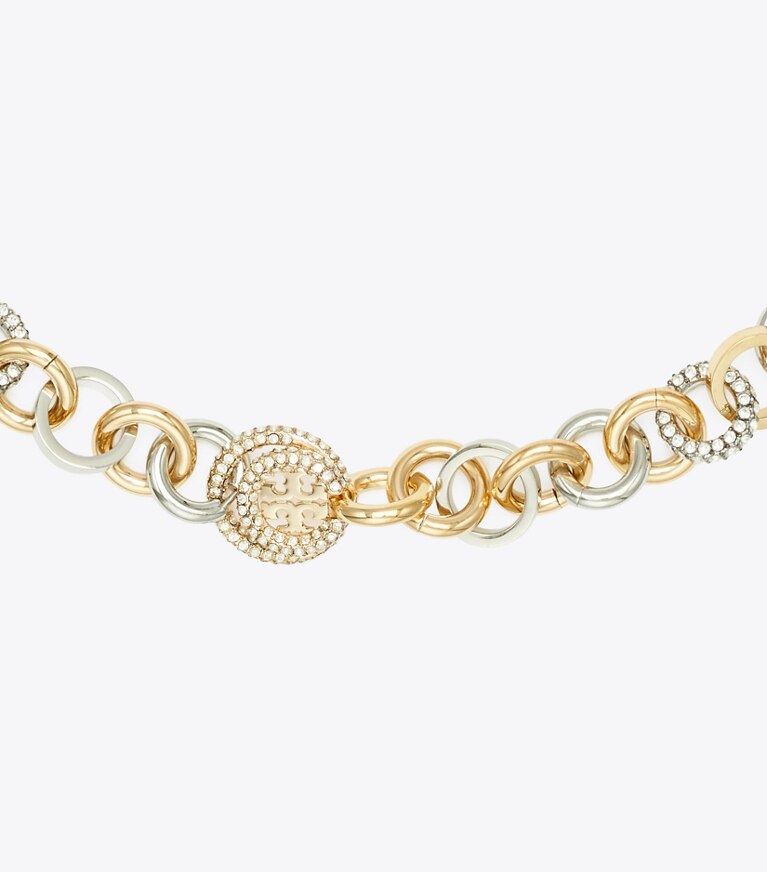 Tory Burch designer colliers Collier pavé chaînette Icon dans Tory Gold / Tory Silver / Crystal détails
