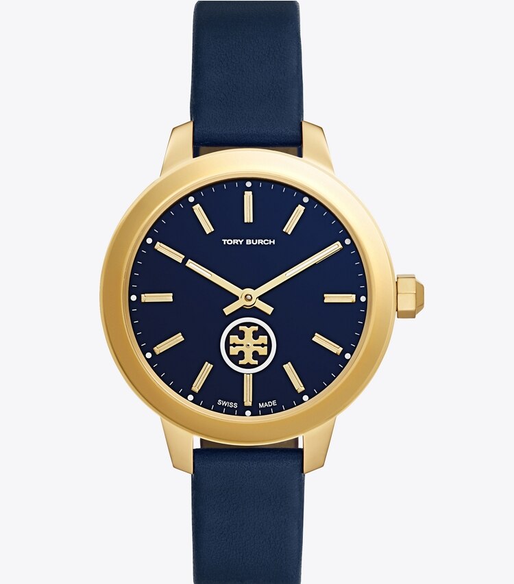 Tory Burch designer strap watches Collins 38mm Gold Tone/Nvy/Nvy Leather Strap in Gold Tone/Navy/Navy Leather Strap front