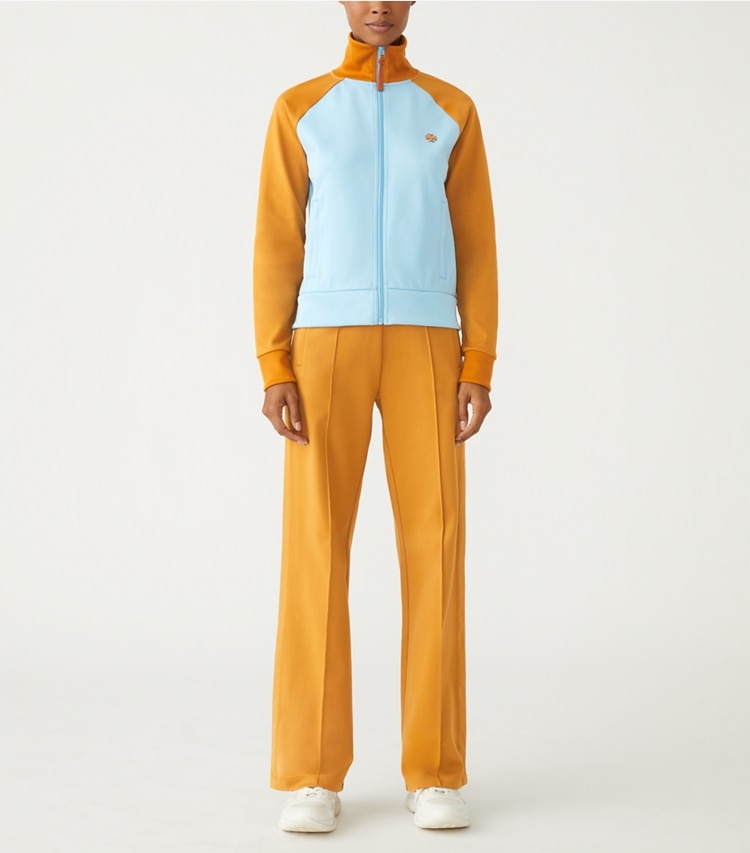 Tory Sport designer jackets Color-Block Double Knit Track Jacket in Pastel Blue / Ridge on model front