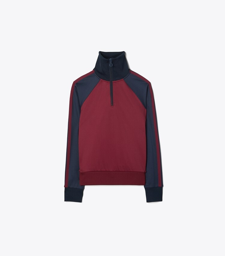 Tory Sport designer jackets Color-Block Half-Zip Pullover in Dark Burgundy/Tory Navy front