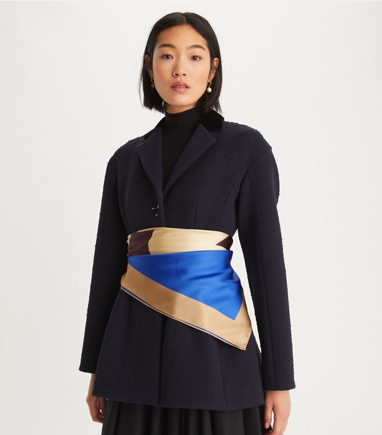 Tory Burch designer scarves Color Block Logo Oversized Double-Sided Silk Square Scarf in Cobalt accessory on model