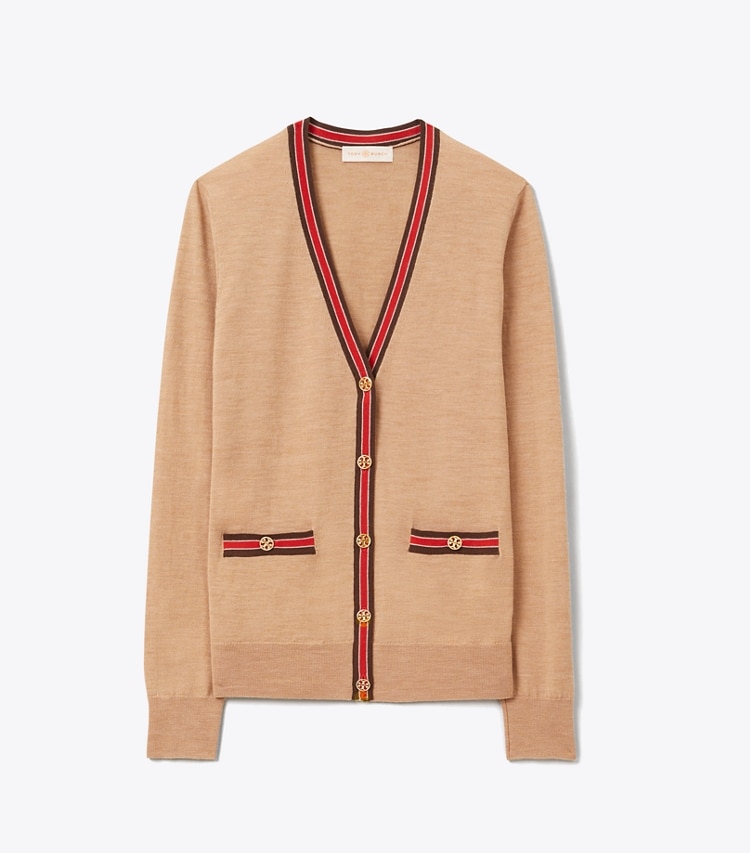 Tory Burch designer sweaters Color-Block Madeline Cardigan in Classic Camel/Pine Cone front