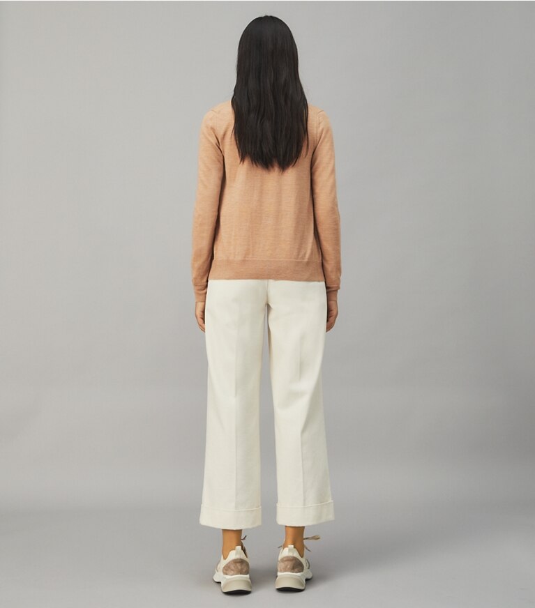 Tory Burch designer sweaters Color-Block Madeline Cardigan in Classic Camel/Pine Cone front