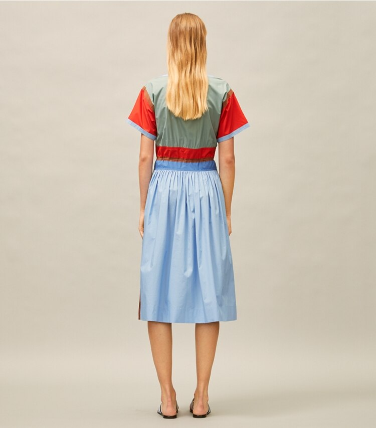 Tory Burch designer dresses Color-Block Poplin Dress in Dark Seafoam on model back