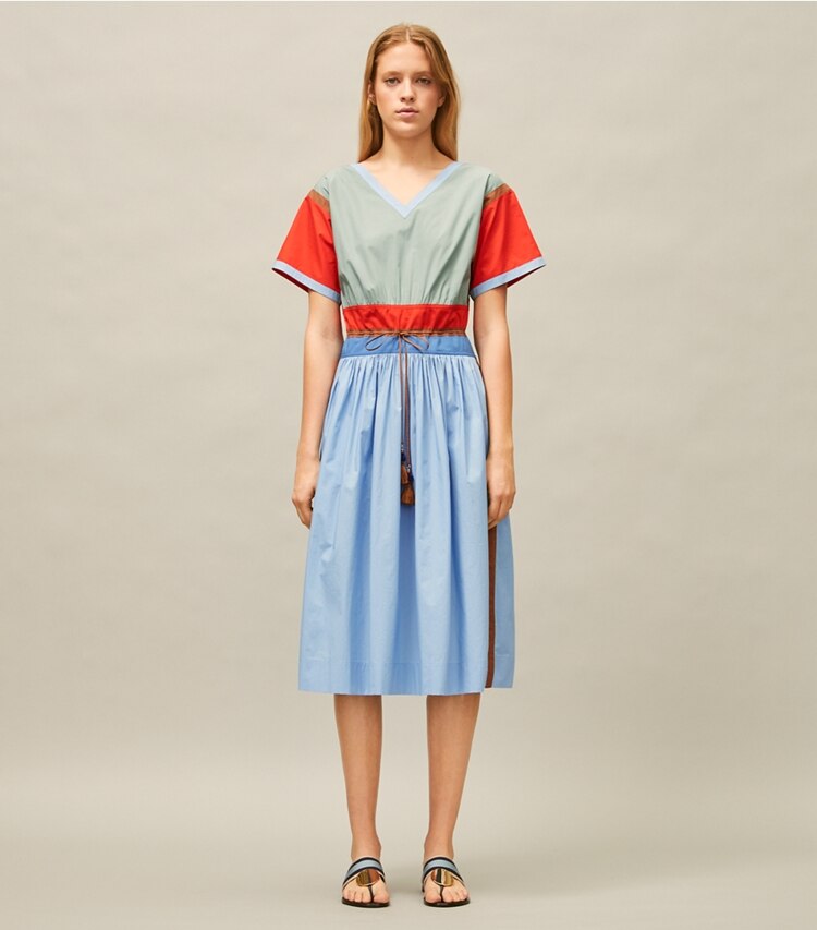 Tory Burch designer dresses Color-Block Poplin Dress in Dark Seafoam on model front