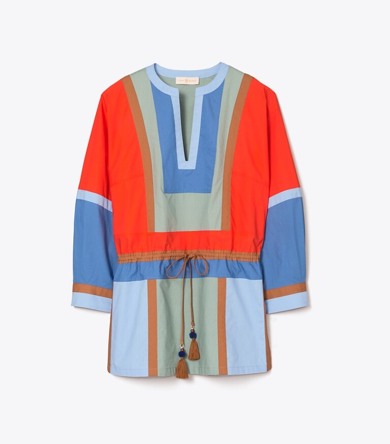 Tory Burch designer tops Color-Block Poplin Tunic in Dark Seafoam front