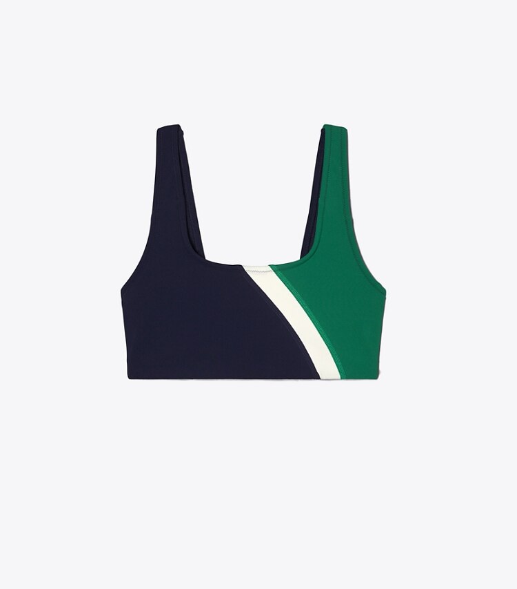 Tory Sport designer sports bras Color-Block Sculpt Compression Scoop-Back Bra  in Tory Navy / Evergreen front