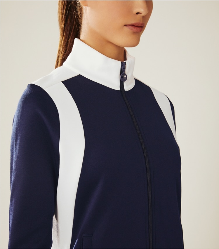 Tory Sport designer jackets Color-Block Track Jacket in Tory Navy/Snow White on model detail