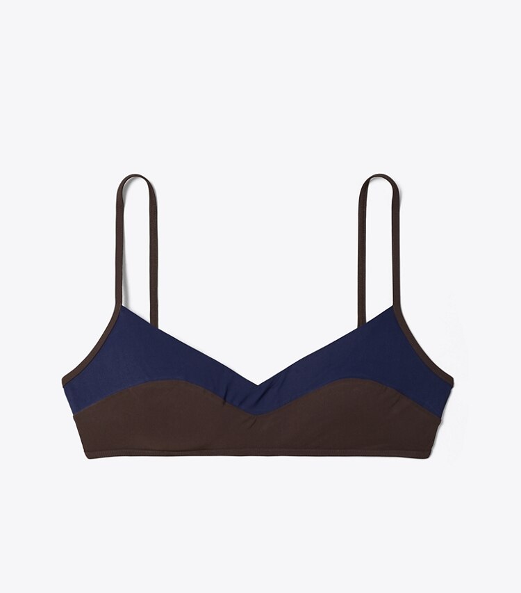 Tory Burch designer two pieces Color-Blocked Bikini Top in Tory Navy / Deep Chocolate front