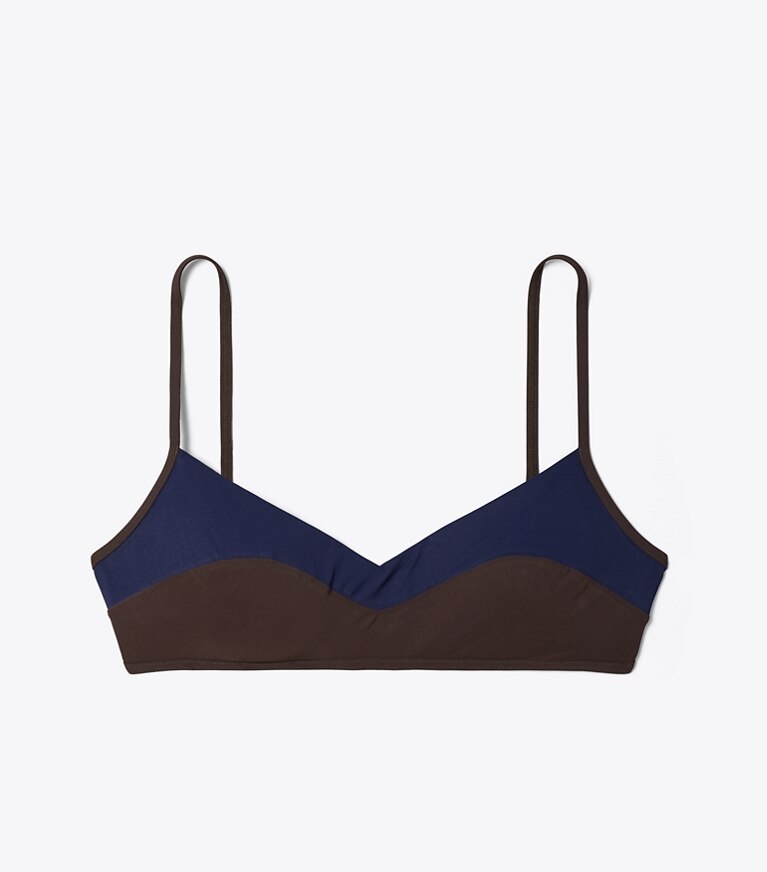 Tory Burch designer two pieces Color-Blocked Bikini Top in Tory Navy / Deep Chocolate front