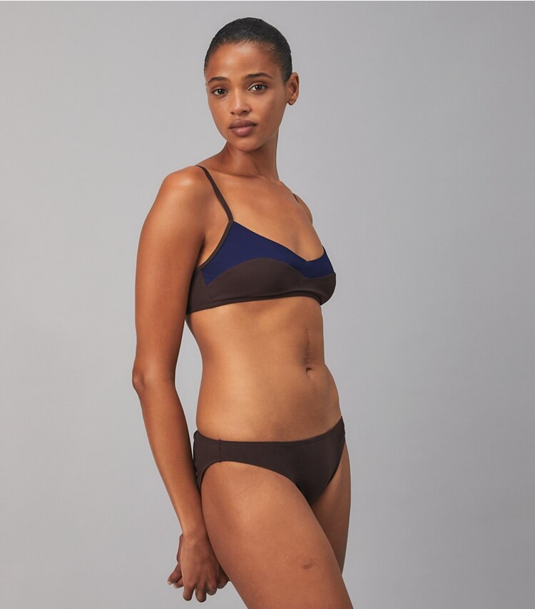 Tory Burch designer two pieces Color-Blocked Bikini Top in Tory Navy / Deep Chocolate on model detail