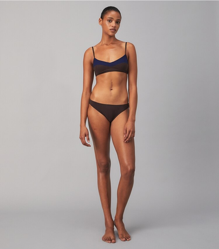 Tory Burch designer two pieces Color-Blocked Bikini Top in Tory Navy / Deep Chocolate on model front
