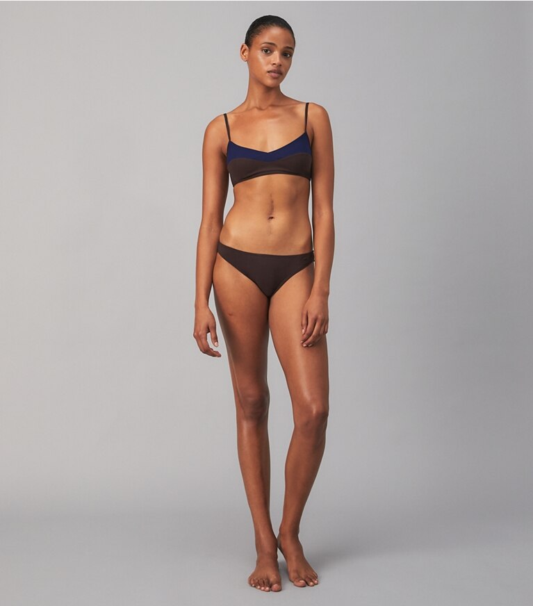 Tory Burch designer two pieces Color-Blocked Bikini Top in Tory Navy / Deep Chocolate front