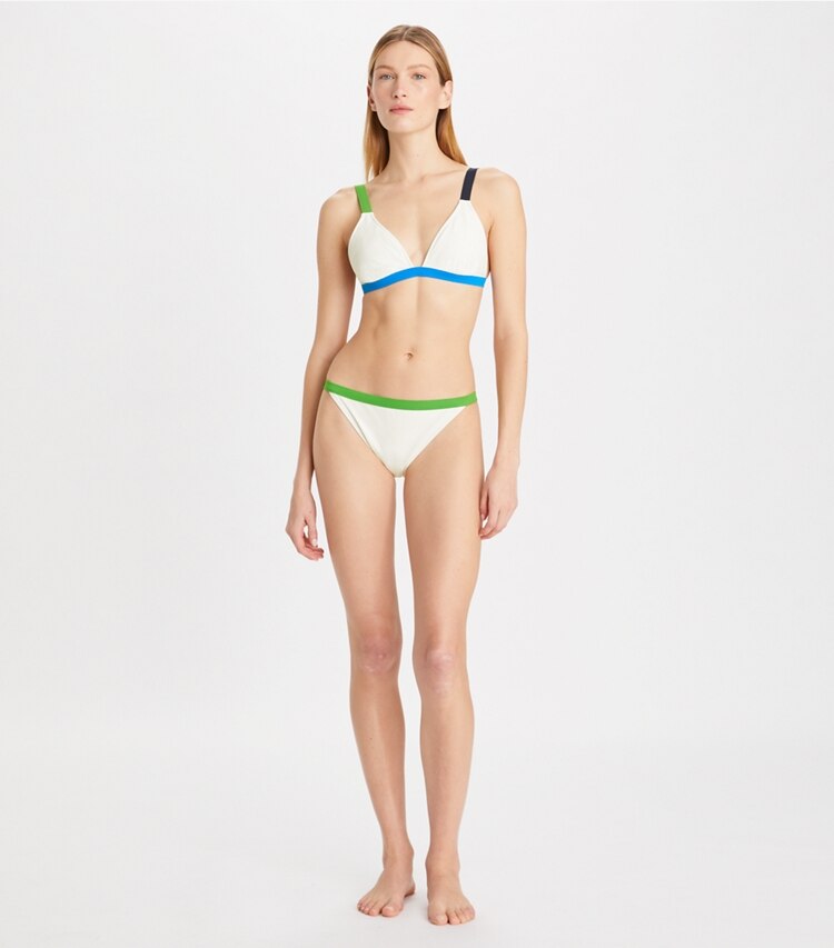Tory Burch designer two pieces Colorblock Bikini Top in White / Bright Horizon / Green Clover on model front
