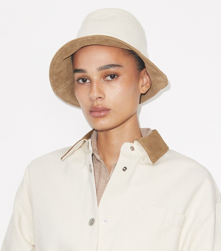 Tory Burch designer hats Colorblock Bucket Hat in Beige accessory on model