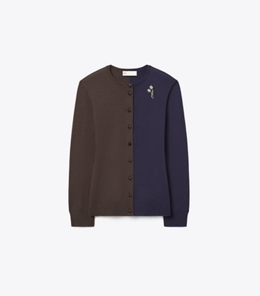 Tory Burch designer strickware Colorblock-Cardigan aus Wolle in Dark Brown / Deep Blue front