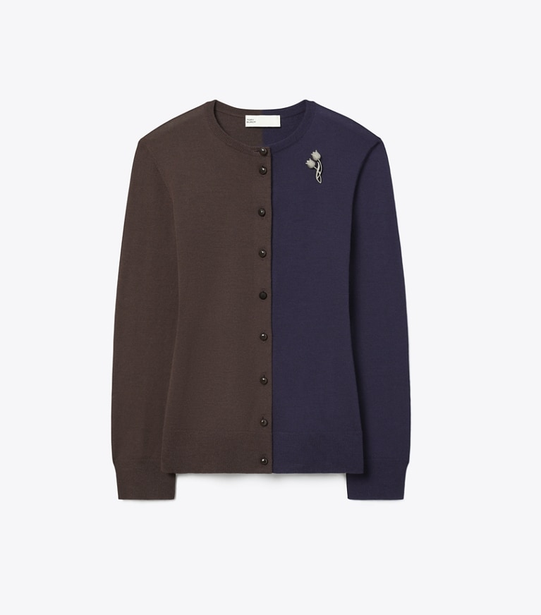 Tory Burch designer strickware Colorblock-Cardigan aus Wolle in Dark Brown / Deep Blue front