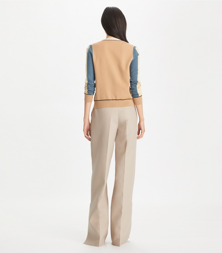 Tory Burch designer strickware Colorblock-Cardigan aus Wolle in Oasis Tan front