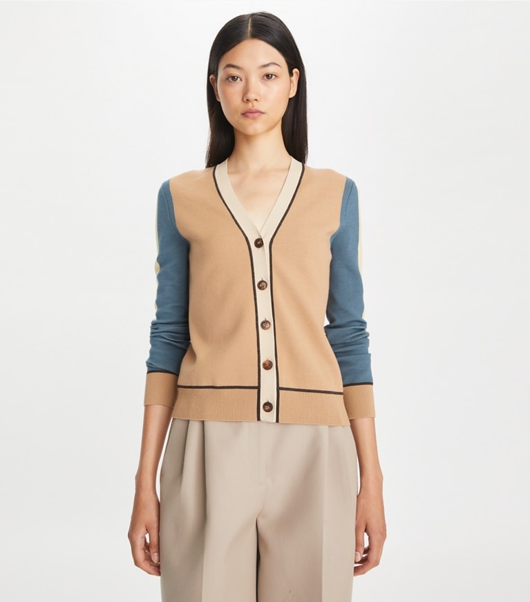 Tory Burch designer strickware Colorblock-Cardigan aus Wolle in Oasis Tan front