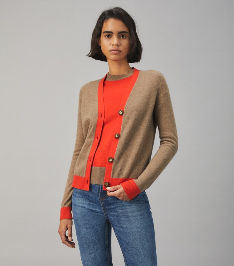 Tory Burch designer sweaters Colorblock Cashmere Cardigan in RICH TAUPE / BRILLIANT RED on model detail