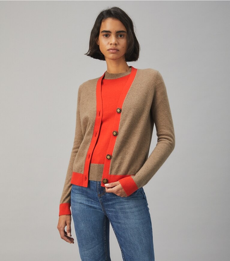 Tory Burch designer sweaters Colorblock Cashmere Cardigan in RICH TAUPE / BRILLIANT RED front