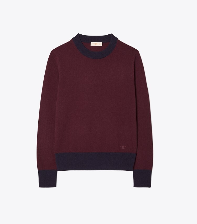 Tory Burch designer sweaters Colorblock Cashmere Pullover in Bright Vino / Medium Navy front