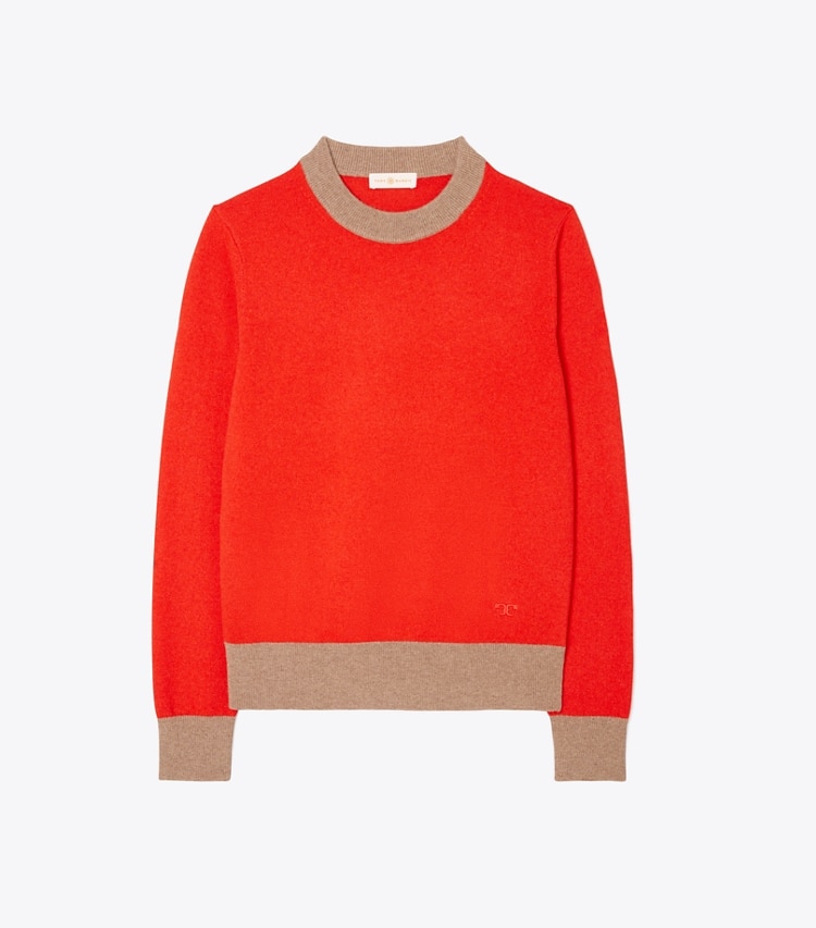 Tory Burch designer sweaters Colorblock Cashmere Pullover in BRILLIANT RED / Rich Taupe front