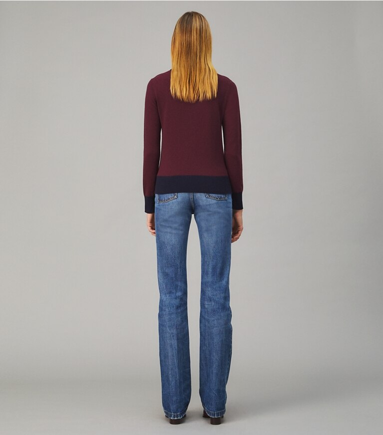 Tory Burch designer sweaters Colorblock Cashmere Pullover in Bright Vino / Medium Navy front