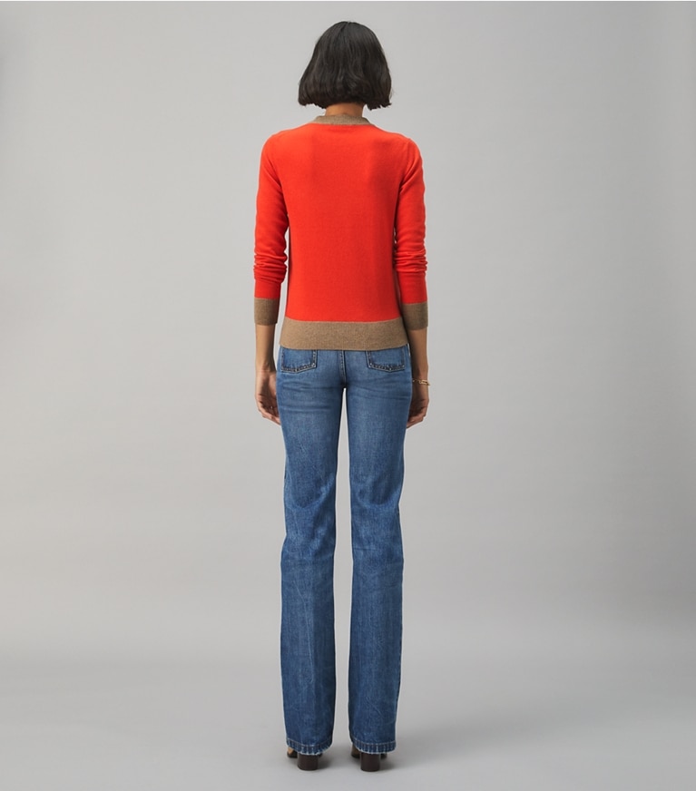 Tory Burch designer sweaters Colorblock Cashmere Pullover in BRILLIANT RED / Rich Taupe on model back