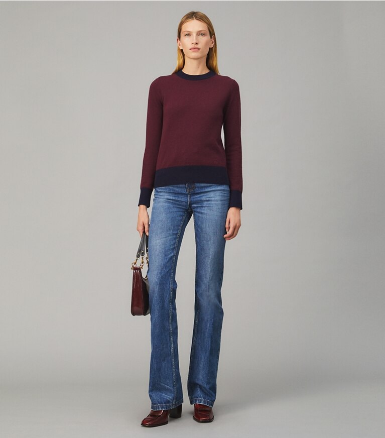 Tory Burch designer sweaters Colorblock Cashmere Pullover in Bright Vino / Medium Navy front