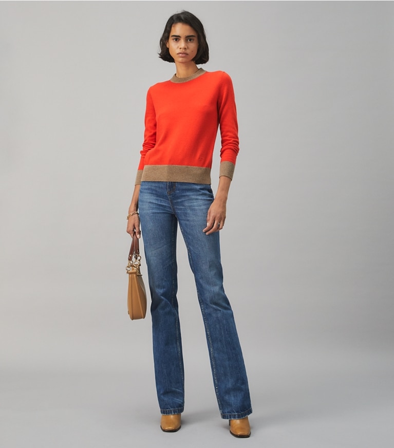 Tory Burch designer sweaters Colorblock Cashmere Pullover in BRILLIANT RED / Rich Taupe on model front