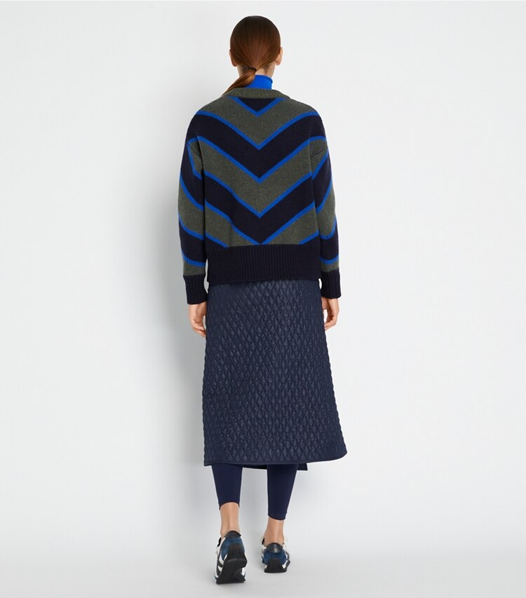 Tory Sport designer sweaters Colorblock Chevron Sweater in Light Olive / Tory Navy on model back