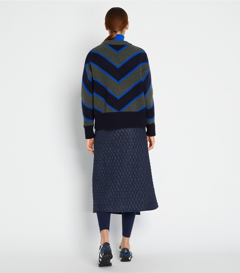 Tory Sport designer sweaters Colorblock Chevron Sweater in Light Olive / Tory Navy front