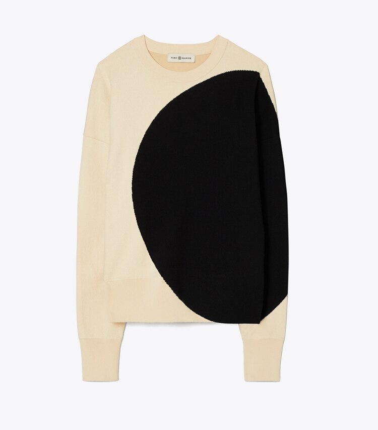 Tory Burch designer sweaters Colorblock Crewneck in Champagne Ivory / Black front