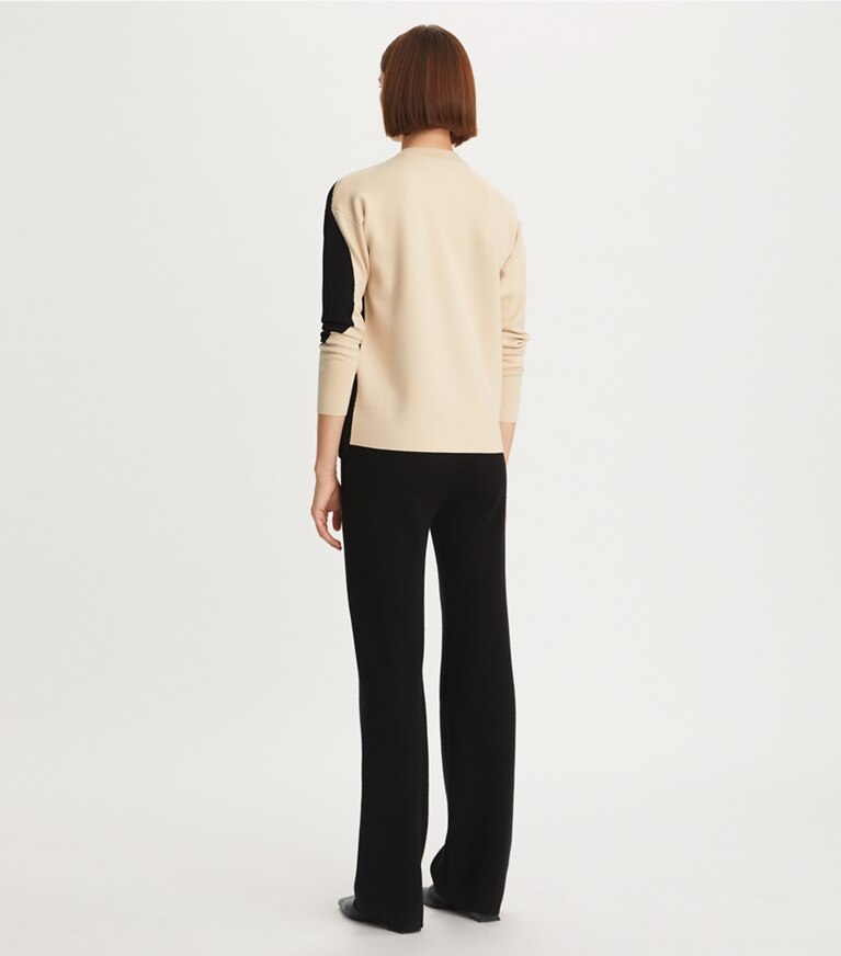 Tory Burch designer sweaters Colorblock Crewneck in Champagne Ivory / Black front
