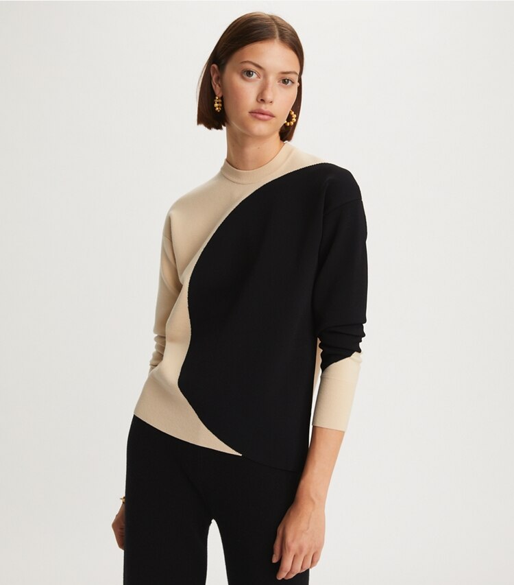 Tory Burch designer sweaters Colorblock Crewneck in Champagne Ivory / Black on model detail