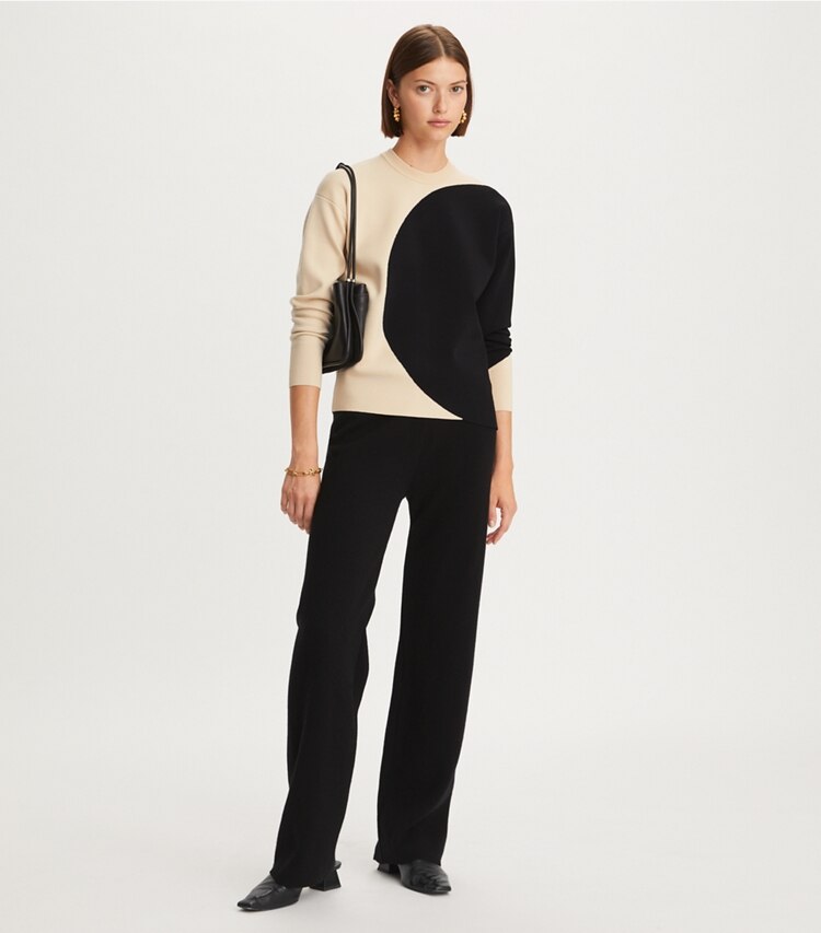 Tory Burch designer sweaters Colorblock Crewneck in Champagne Ivory / Black on model front