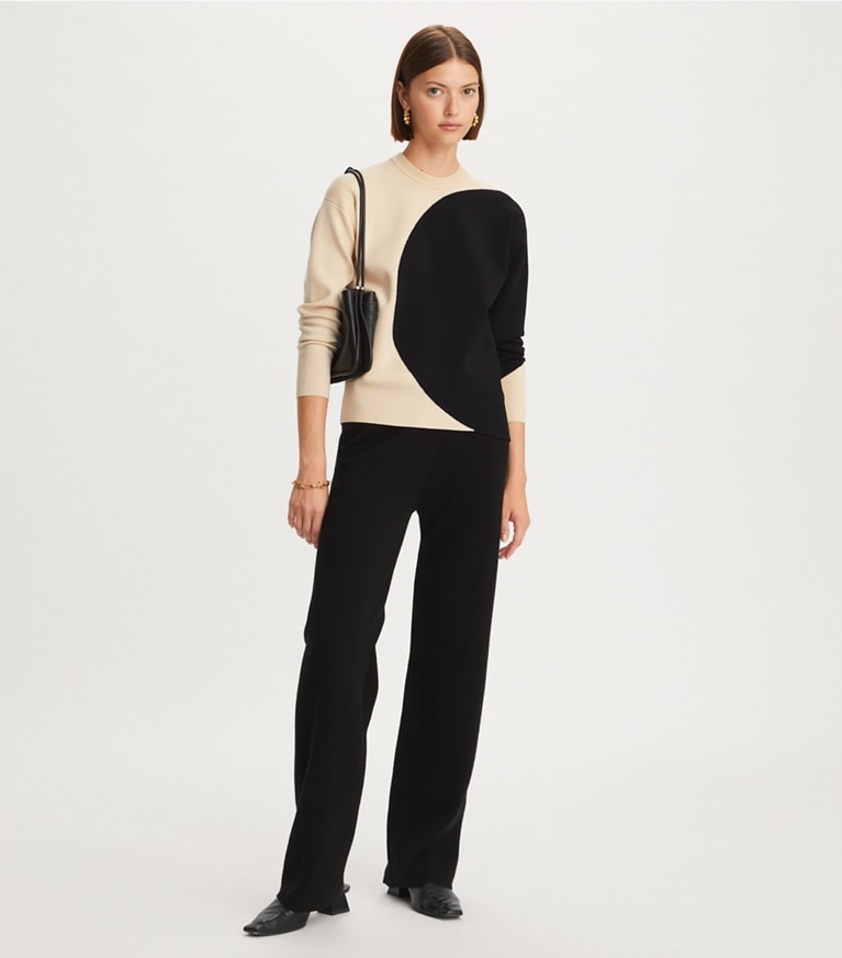 Tory Burch designer sweaters Colorblock Crewneck in Champagne Ivory / Black front