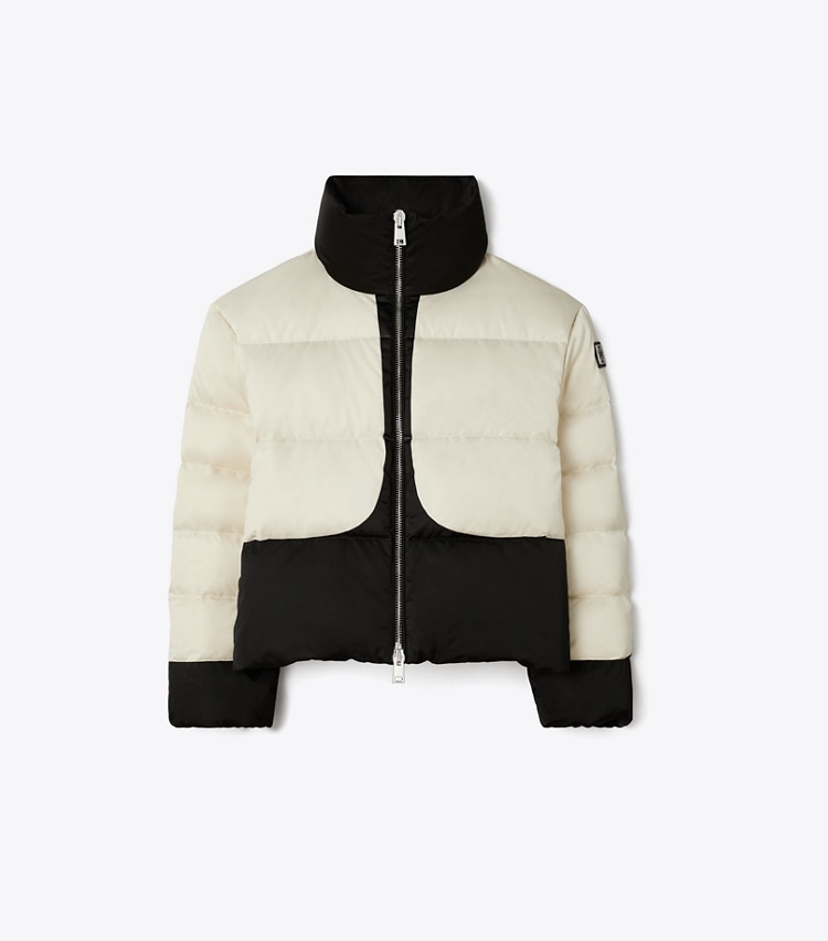 Tory Sport designer coats Colorblock Down Jacket in Bone / Black front