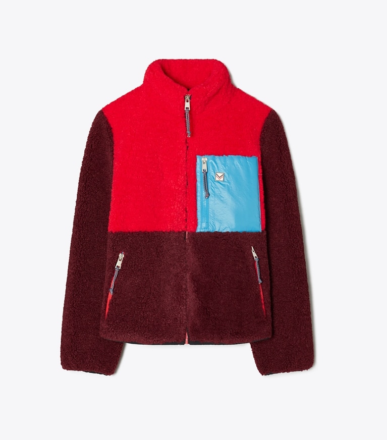 Tory Sport designer coats Colorblock Fleece Jacket in Radiant Red / DIVINE BURGANDY front