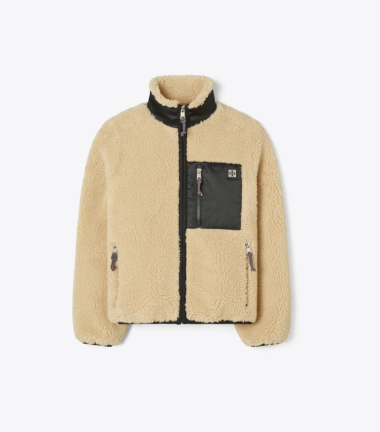 Tory Burch designer coats Colorblock Fleece Jacket in Oatmeal front