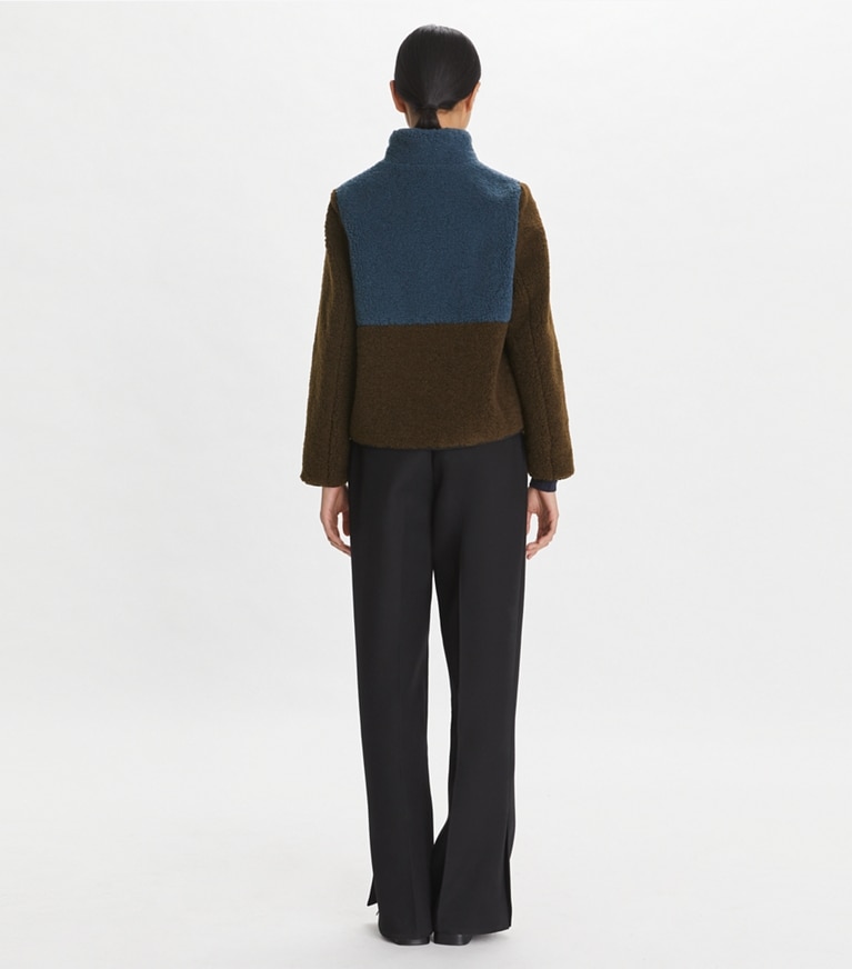 Tory Sport designer coats Colorblock Fleece Jacket in Raven / Dark Roast front
