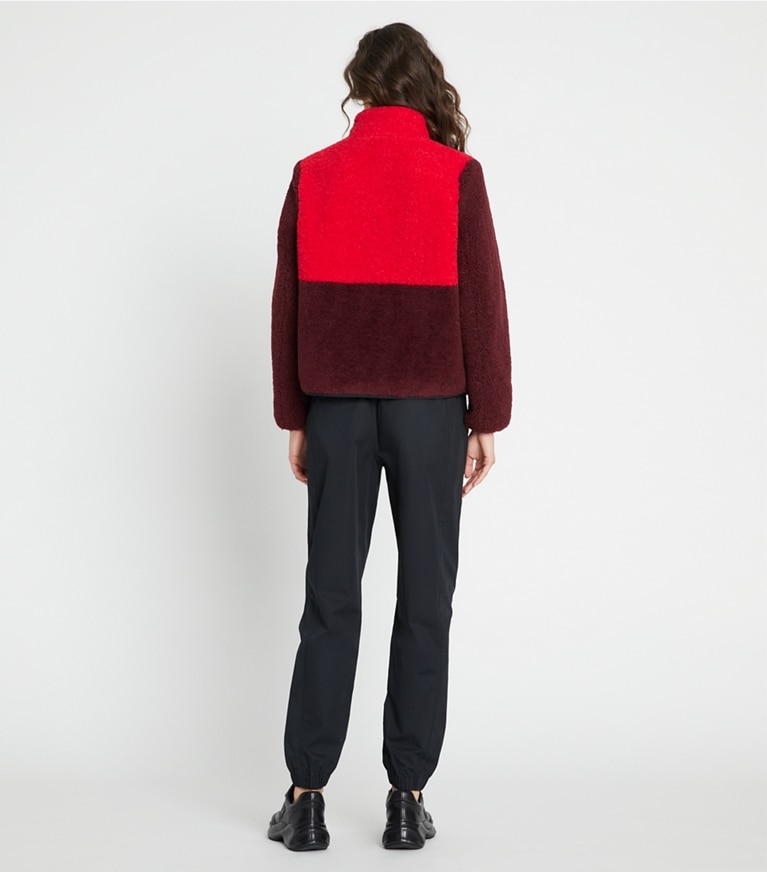 Tory Sport designer coats Colorblock Fleece Jacket in Radiant Red / DIVINE BURGANDY front