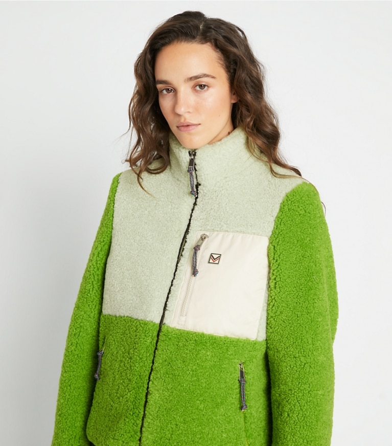 Tory Burch designer コート カラーブロック フリースジャケット in Pale Mint / Brilliant Green front