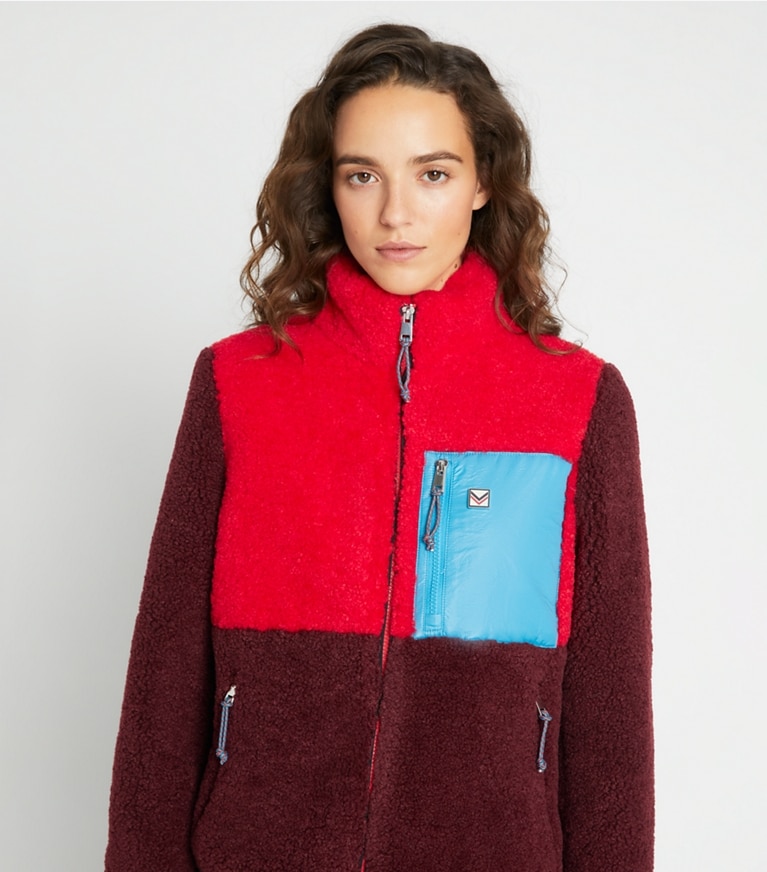Tory Sport designer coats Colorblock Fleece Jacket in Radiant Red / DIVINE BURGANDY front