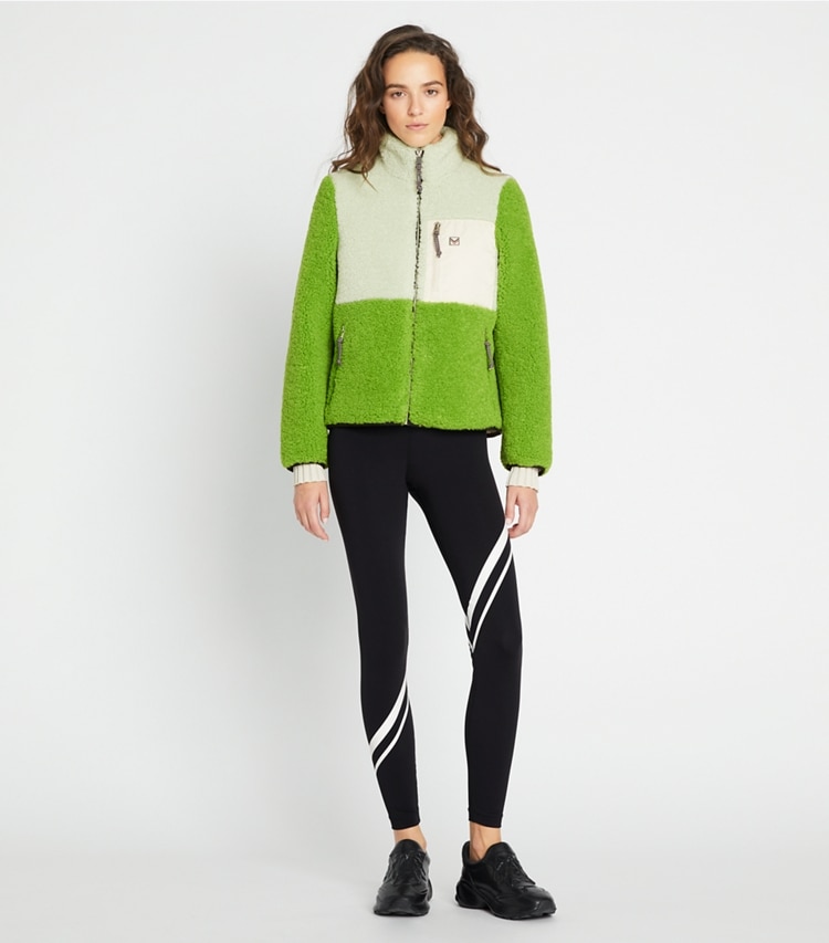 Tory Burch designer コート カラーブロック フリースジャケット in Pale Mint / Brilliant Green モデル前面