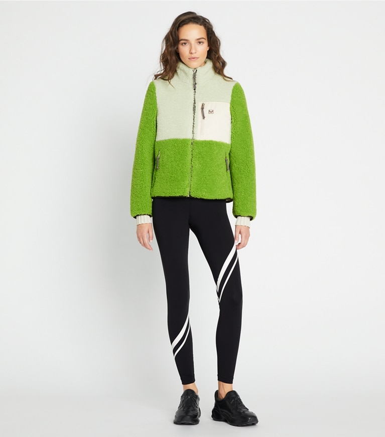 Tory Burch designer コート カラーブロック フリースジャケット in Pale Mint / Brilliant Green front