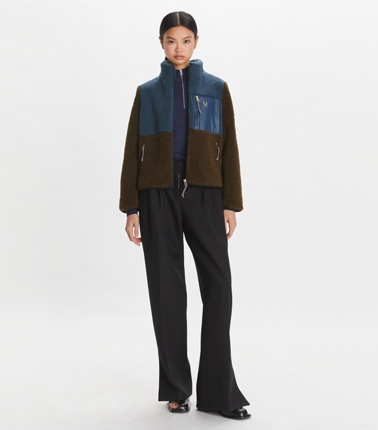 Tory Sport designer coats Colorblock Fleece Jacket in Raven / Dark Roast on model front